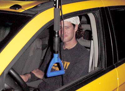 Andy in his car, tracking bats.